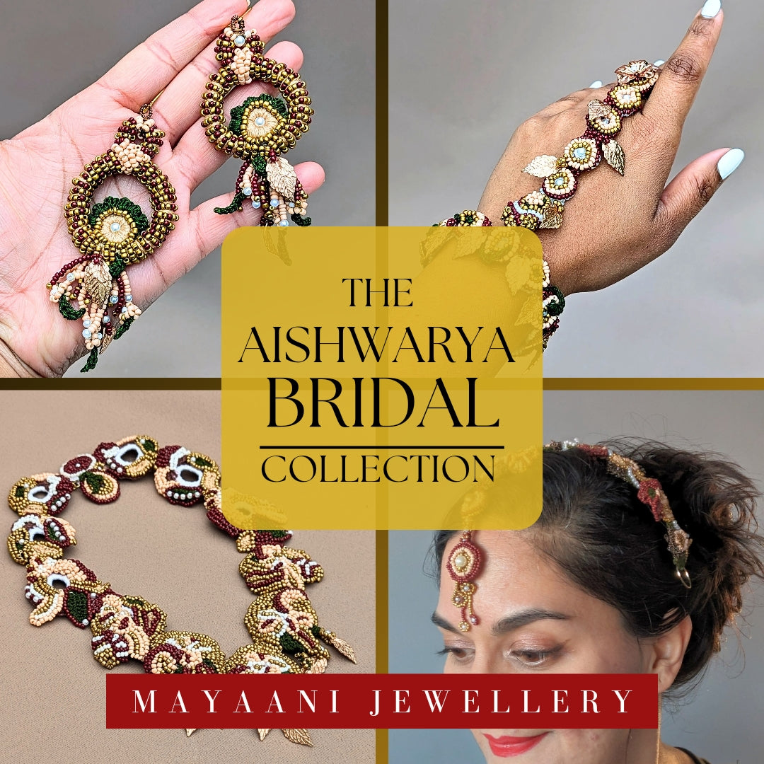 Experience the beauty of lightweight Indian bridal jewellery, crafted with hand beadwork and crochet. Each piece celebrates tradition and heritage, making you feel uniquely regal, like Aishwarya (prosperity).