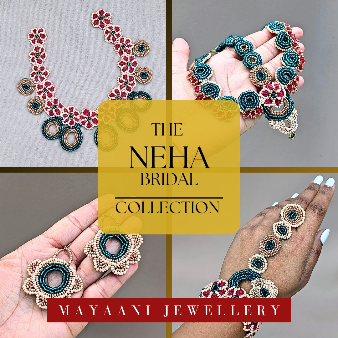 Meet Neha, a handcrafted bridal jewellery set by Mayaani Jewellery. Inspired by a cherry blossom lehenga, it features stunning floral motifs in red, emerald, and peach, blending traditional artistry with modern elegance.