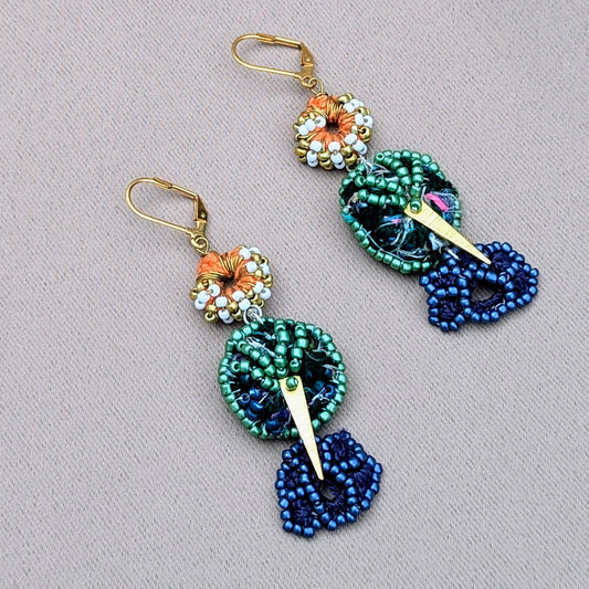 Tree of Life Blue Orange Gold White Scrap Bead Earrings | Mayaani Jewellery UK