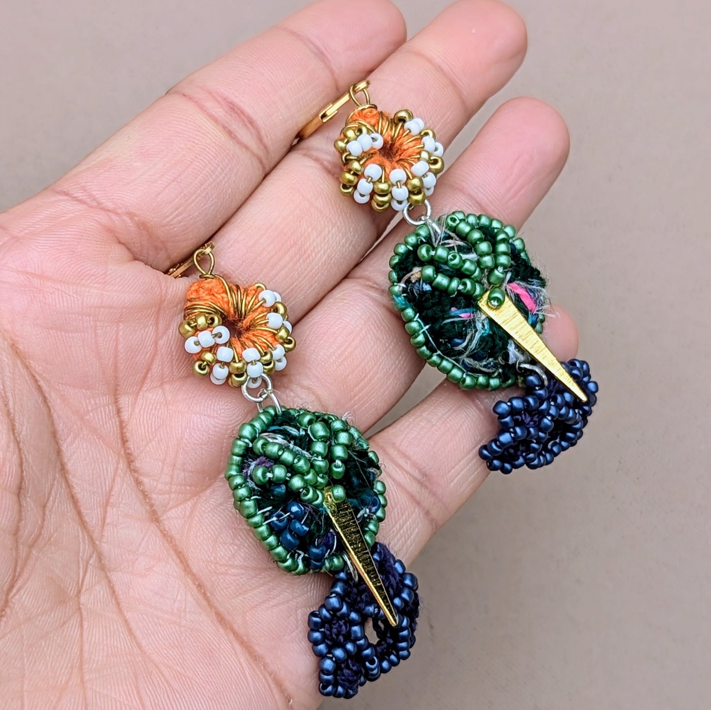 Tree of Life Blue Orange Gold White Scrap Bead Earrings | Mayaani Jewellery UK