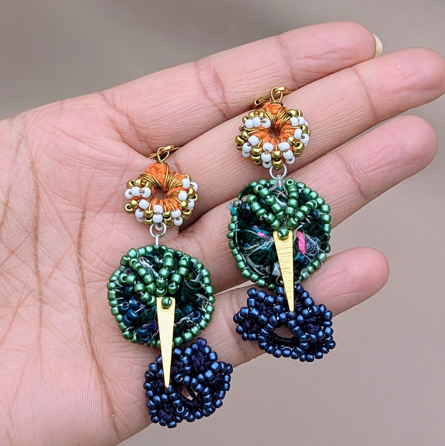 Tree of Life Blue Orange Gold White Scrap Bead Earrings | Mayaani Jewellery UK