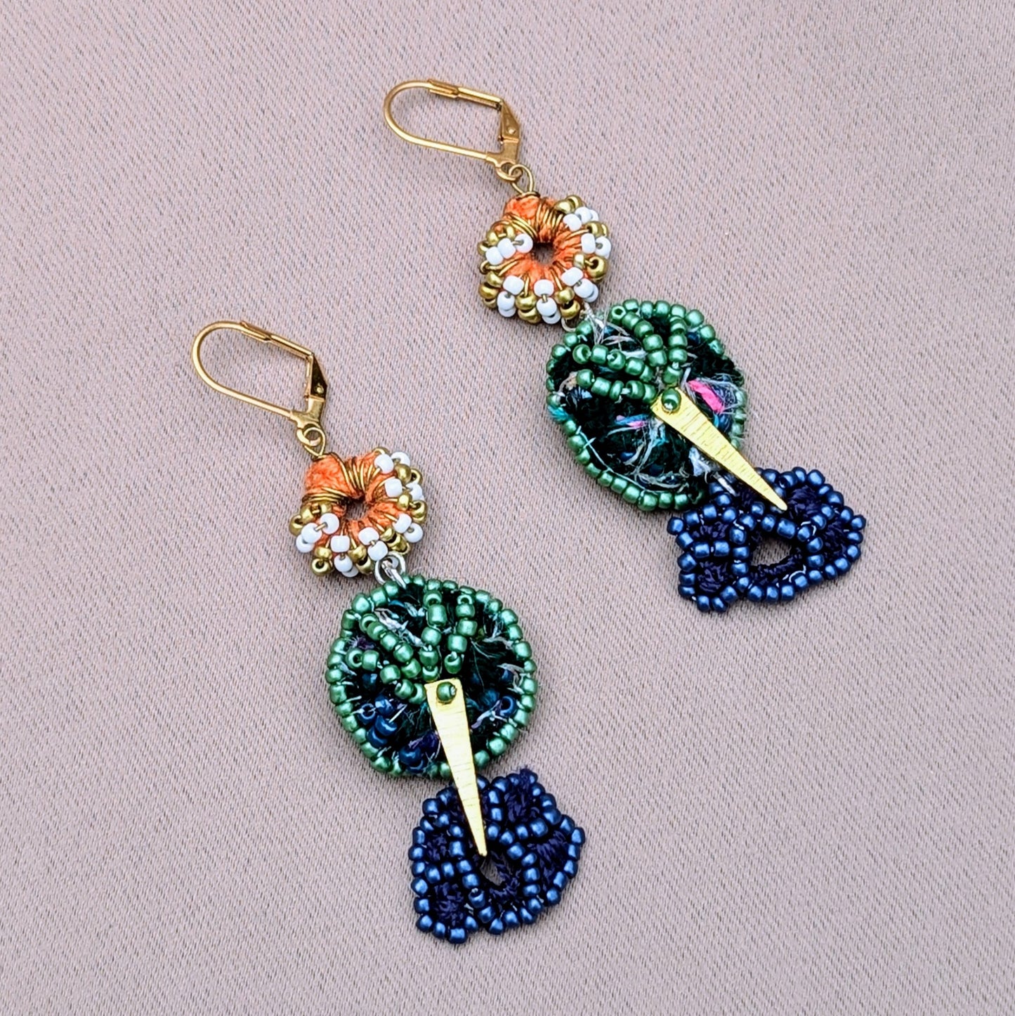 Tree of Life Blue Orange Gold White Scrap Bead Earrings | Mayaani Jewellery UK