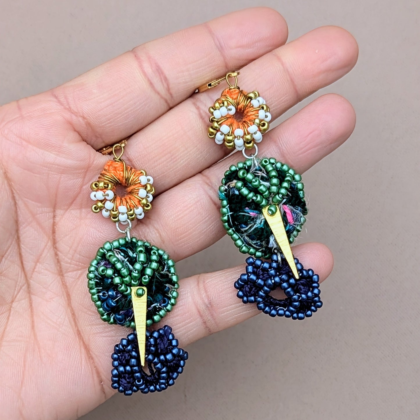 Tree of Life Blue Orange Gold White Scrap Bead Earrings | Mayaani Jewellery UK