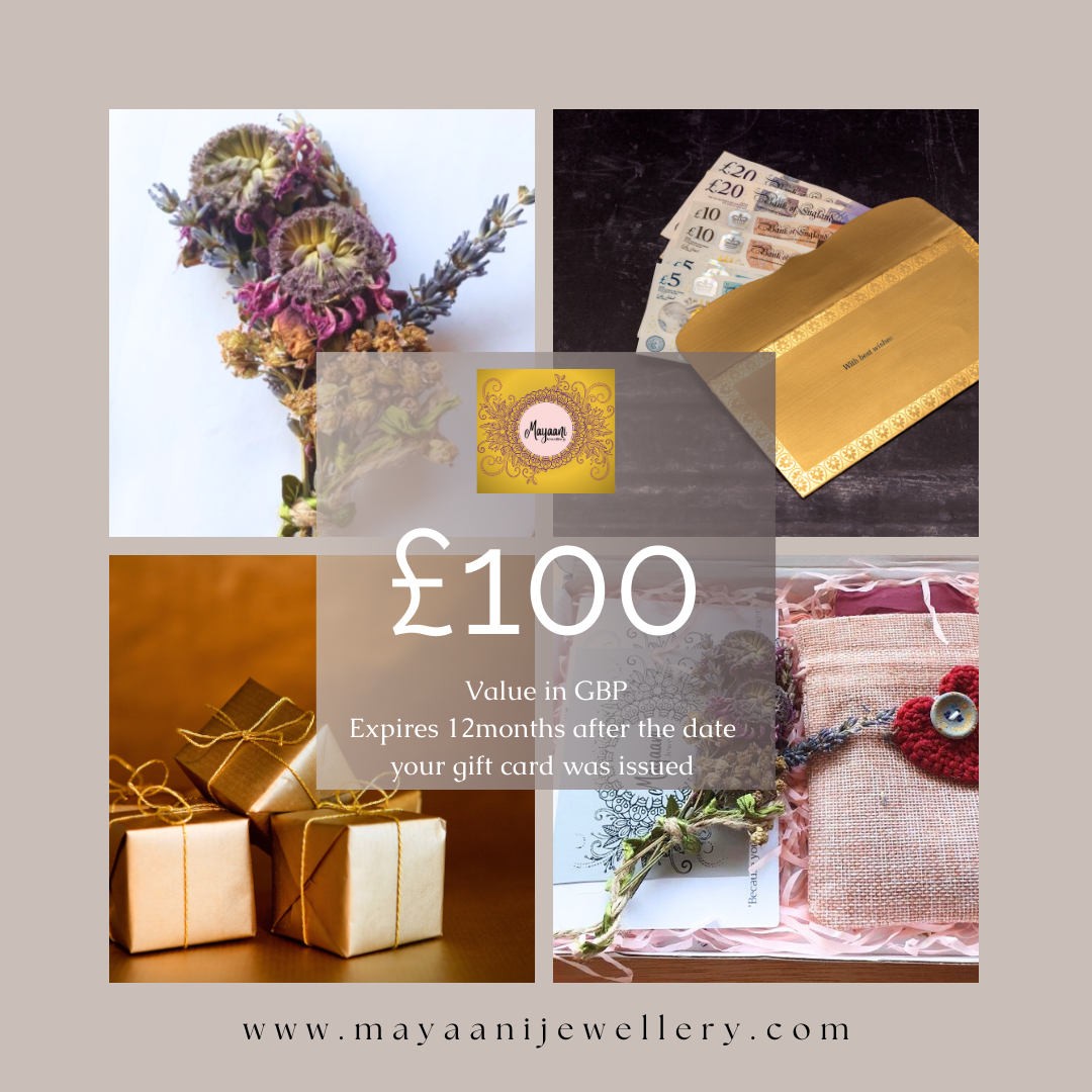 Give the gift of £100 GBP for a memorable experience your loved one can enjoy by selecting from the thoughtfully curated collection of artisan Indian-inspired jewelry from sustainable UK brand Mayaani Jewellery. Alternatively, they can create a stunning custom piece, handcrafted to reflect their individuality. Each item is skillfully transformed by in-house designer Megha using traditional techniques, resulting in wearable art that's perfect for any occasion—be it weddings, special events, or everyday wear.