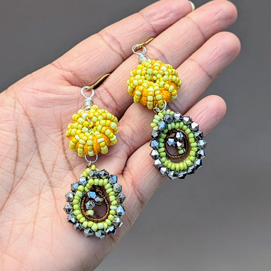 Yellow Gunmetal Grey Indian Style Beaded Earrings | Mayaani Jewellery UK